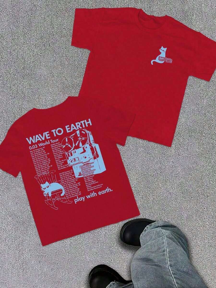 WAVE TO EARTH Play With Earth Letters Kitten Print Men's T-Shirt, Simple Art Harajuku Style, Band Music Kitten T-Shirt, Fashion Casual Loose Men And - 紅色 - 查看 1