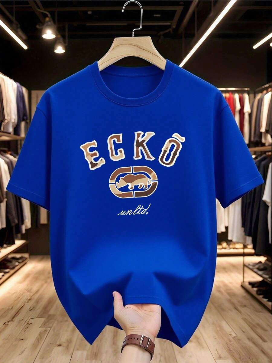 Men's T - Shirt With Ecko Logo , Men's 220gsm New Summer Casual Crew Neck Pure Cotton Short-Sleeved T-Shirt(1 PC) - 藍色 - 查看 1
