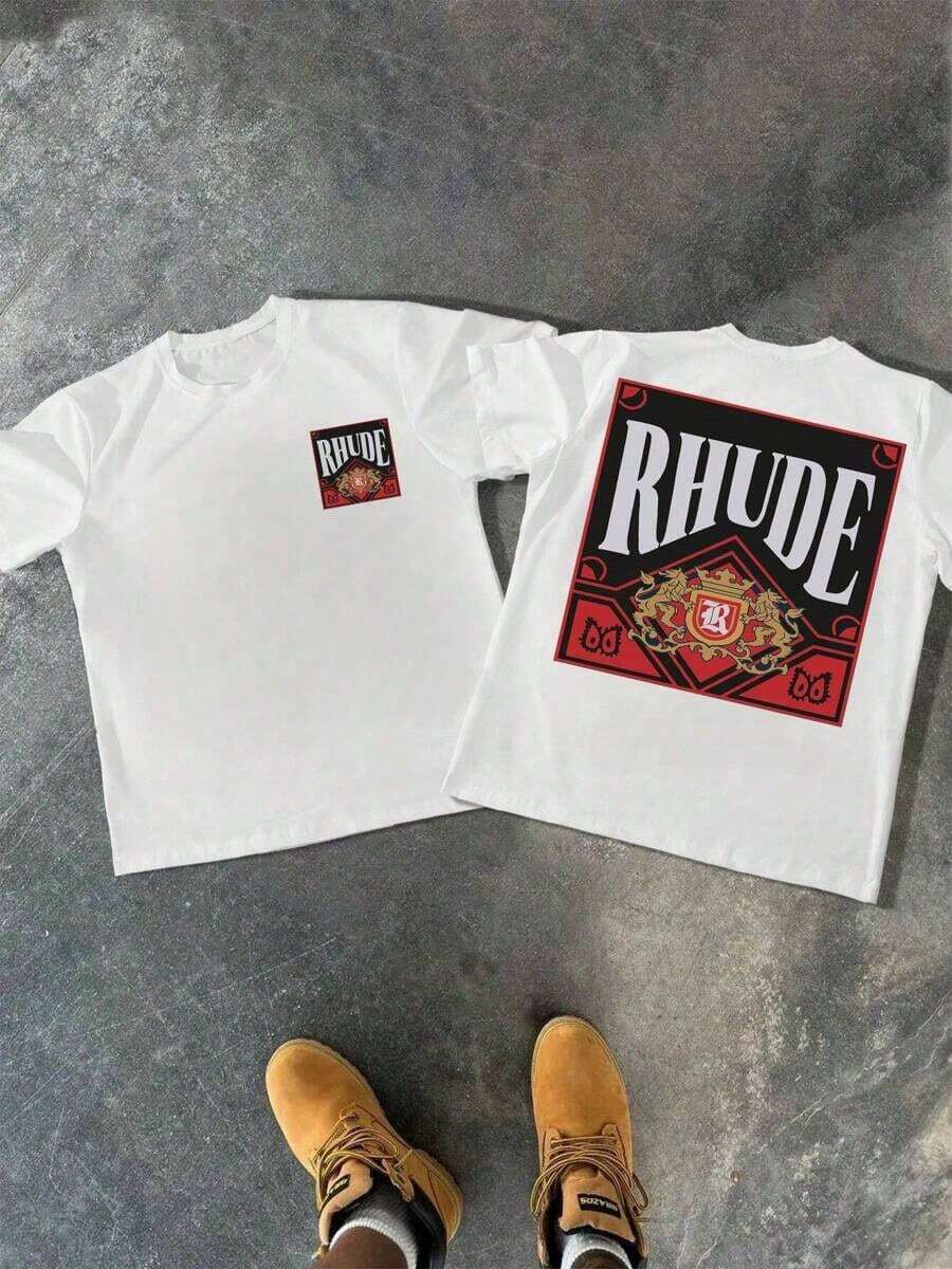 Double-Sided Patterned T-Shirt,American Street T-Shirt,Cotton-Shirt Men's  Cotton Shirt 1Pcs Double Sided Digital Printed Vintage   Stylish Black Tee RHUDE Y2K,Oversize Plus Size Men's S To 5XL,Summer Tee - 白色 - 查看 1