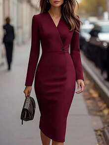 Robe mi-longue élégante pour femmes à manches longues et col rond, en tissu tissé avec un léger stretch, convenant pour le port en soirée - Rouge foncé - Voir 1