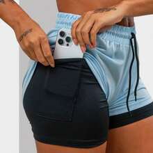 Women's 2 In 1 Dry Fit Gym Shorts Double Fitness Bermuda Shorts Hidden Cell Phone Pocket For Training Walking Tennis And Other Sports - Màu xanh dừa cạn - Xem 4