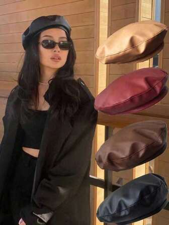 1pc Women's Black Flat Top Beret Hat, Versatile PU Painter Beret, Pumpkin Hat, Autumn/Winter