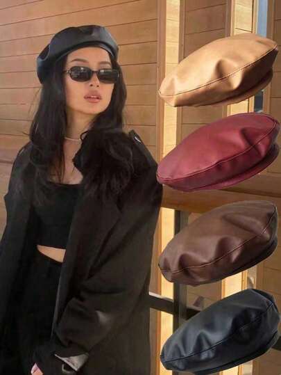 1pc Women's Black Flat Top Beret Hat, Versatile PU Painter Beret, Pumpkin Hat, Autumn/Winter