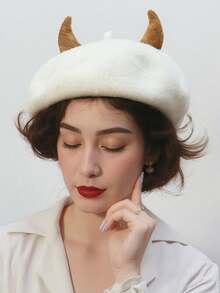 Devil Horns Red Beret For Women - Fun Halloween Costume Accessory, Unique Fashion Beret With Horns, Red Beret For Cosplay, Party Hats