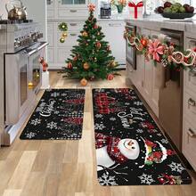 Covoraș de Crăciun 1/2 buc, fundal negru clasic de lux, împodobit cu fulgi de zăpadă albi, covoraș de bucătărie cu model drăguț de om de zăpadă și glob de Crăciun roșu, decorațiune de Crăciun, potrivit pentru decorarea petrecerilor, baie, bucătărie și spălătorie, bucătărie de acasă, utilizare în interior și exterior, decorare interioară