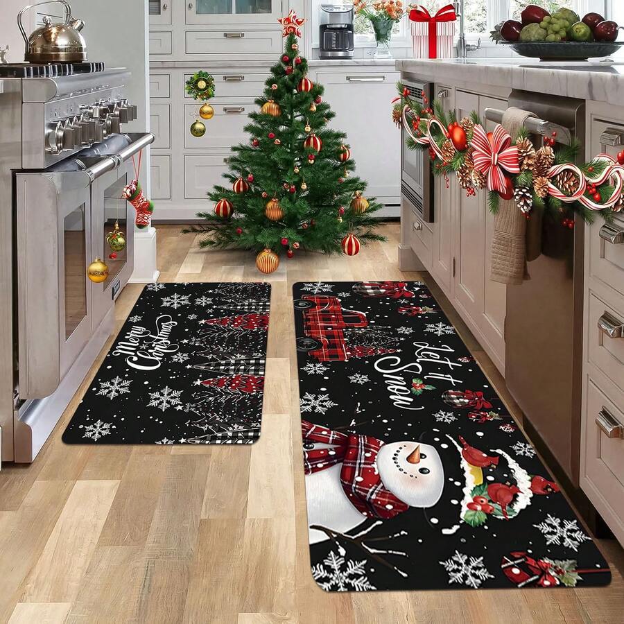 Covoraș de Crăciun 1/2 buc, fundal negru clasic de lux, împodobit cu fulgi de zăpadă albi, covoraș de bucătărie cu model drăguț de om de zăpadă și glob de Crăciun roșu, decorațiune de Crăciun, potrivit pentru decorarea petrecerilor, baie, bucătărie și spălătorie, bucătărie de acasă, utilizare în interior și exterior, decorare interioară