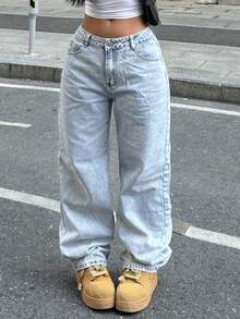 Jeans casuales y versátiles de cintura baja y pierna recta para adolescentes - Azul - Ver 4