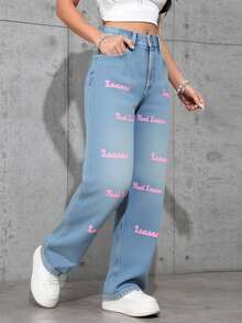 Jeans casuales de uso diario de ajuste regular para mujer, Jeans para mujer, Jeans holgados para mujer, Vaquera, Día de San Patricio, Ropa de calle para mujer, Jeans holgados brillantes, Pantalones de pierna ancha - Azul lavado medio - Ver 4