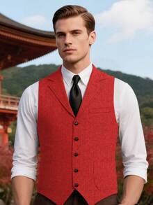 Retro Men's Western Cowboy Suit Vest Slim Fit V Neck Suede Leather Dress Vests Vintage Prom Wedding Casual Waistcoat - 紅色 - 查看 8