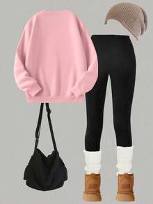 2pcs/Set Sweatshirt Anak Perempuan dengan Gambar Wajah Tersenyum Lucu, Lembut & Ramah Kulit, Gaya Kasual Jalanan untuk Musim Gugur/Dingin - Berwarna merah muda - View 2