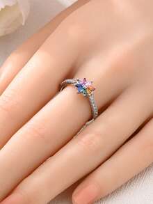 1pc Fashionable Elegant Colorful Crystal Flower Ring - Silver - View 3