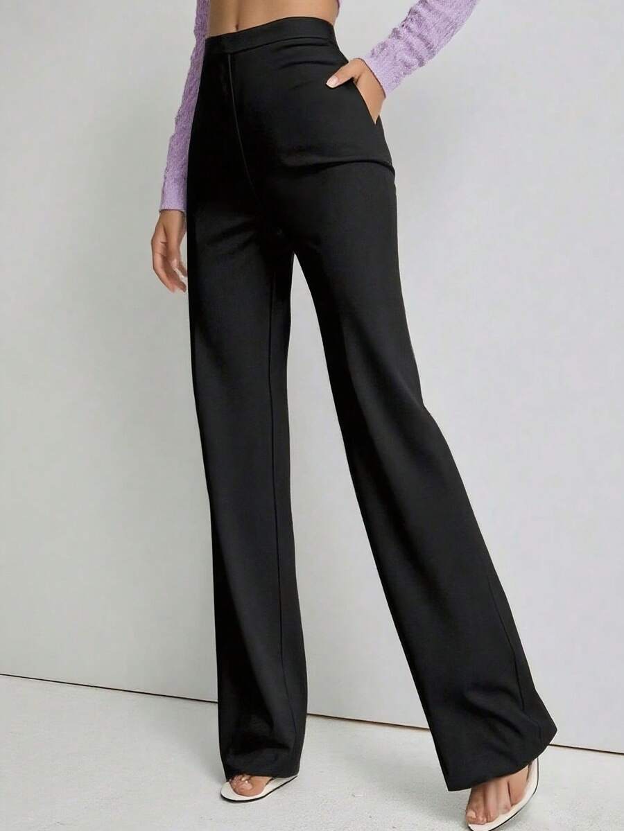 Solid High Waist Wide Leg Pants Bootcut Wide Leg Pants Dress Pants,Pants With Side Pockets