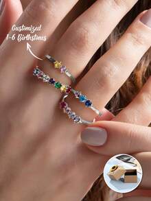 1pc Customized Personalized Birthday Stone Inlaid Carved Ring With 1pc, Customized 1-6 Birthstones, Perfect For Mother's Day, Valentine's Day, Anniversaries, Birthdays, Christmas, Graduation Ceremonies, Family Occasions, Personalized Gifts For Friends, Classmates, And Family - Silver - View 2