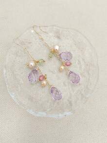 2 piezas Pendientes elegantes y de moda de mujer con borlas y cristales morados de imitación, adecuados para fiestas, viajes y vacaciones como regalo de joyería