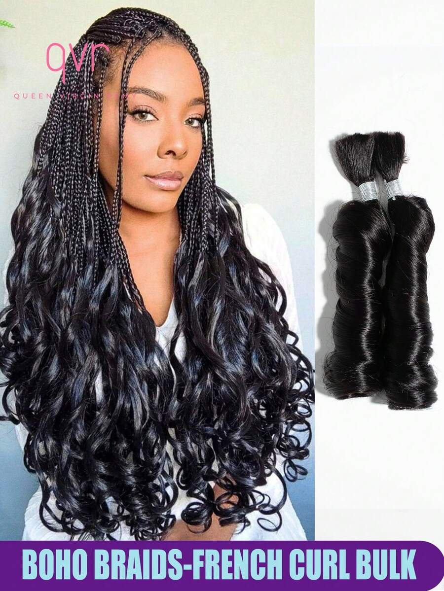 QVR QUEEN VIRGIN REMY QVR French Curl Bulk Human Hair Extension For Boho Braids Natural Black Braiding Bulk Hair Pirce 95g - Natural Black - View 1