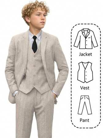 3pcs Boys Suit Set, Toddler Tuxedo Formal Wear, Ring Bearer Outfit, Wedding Suit Jacket, Vest, Pants, Champagne Color, Autumn/Winter, Size 6-16 Years