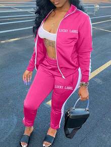Spring & Autumn Casual Letter Embroidered Zipper Sports Jacket And Pants Set Music Festival , Rock ,Punk, Goth
