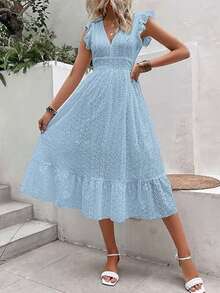 Long Beach Dress With Wrap Hem And Ruffle, Vacation Outfit For Women - Light Wash - View 1