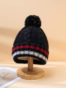 1 pièce Bonnet tricoté à pompons rayés bicolores, chapeau tricoté chaud, doublé thermique, polyvalent et pour l'hiver, pour un usage quotidien, les déplacements et les courses - bande - Voir 3