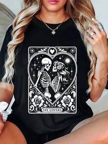 100% Cotton The Lovers Tarot Cards Skeleton Men Women Tarot Card T-Shirt Women's Men's Summer Comfort Soft Crew Neck Tee Tops - Black - View 1
