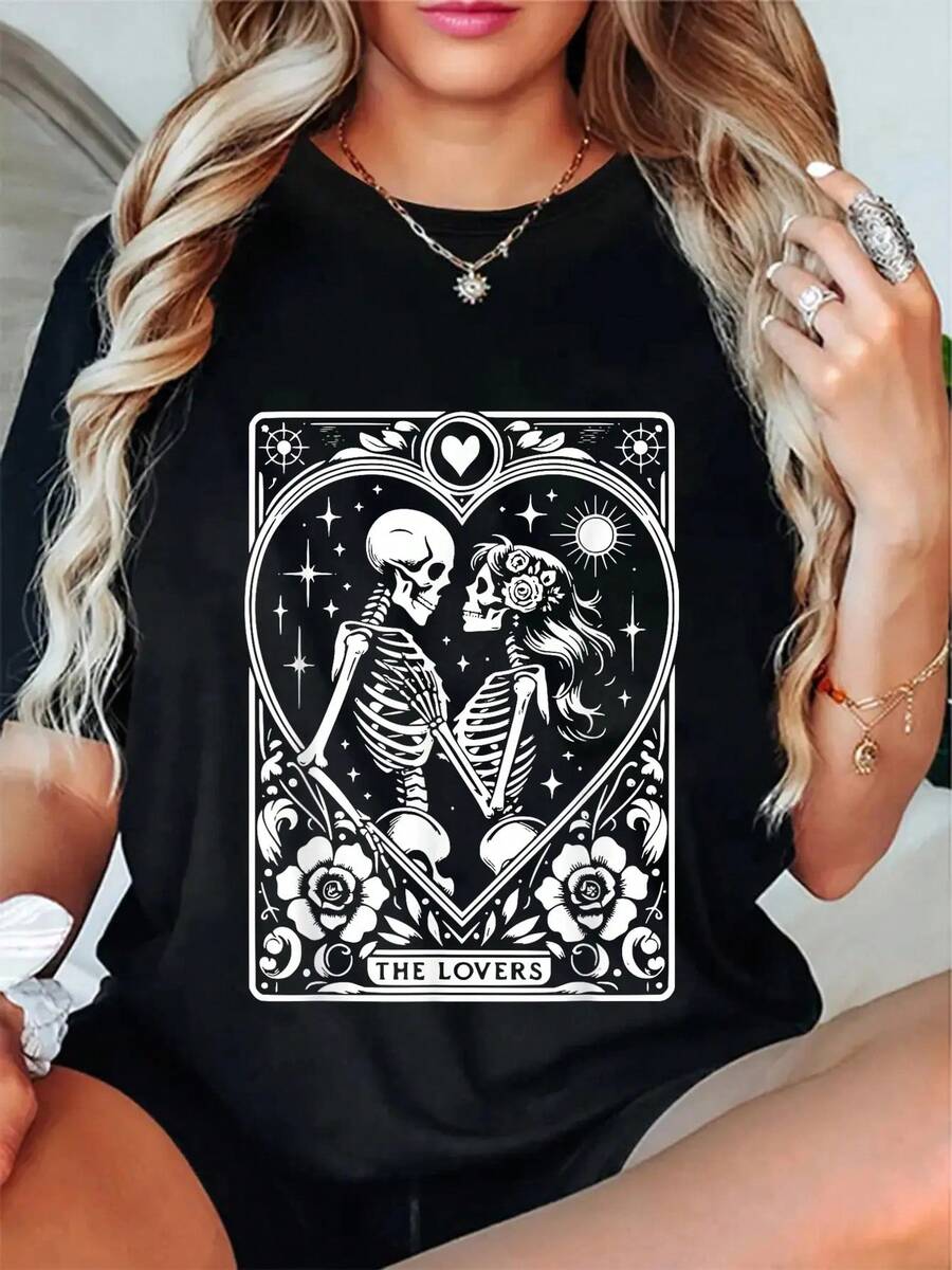 100% Cotton The Lovers Tarot Cards Skeleton Men Women Tarot Card T-Shirt Women's Men's Summer Comfort Soft Crew Neck Tee Tops - Black - View 1