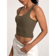 Women Rib Tank Top Padded Workout Top Square Neck Crop Tank Fitted Basic Cami Tops - Olive Vibe - View 5