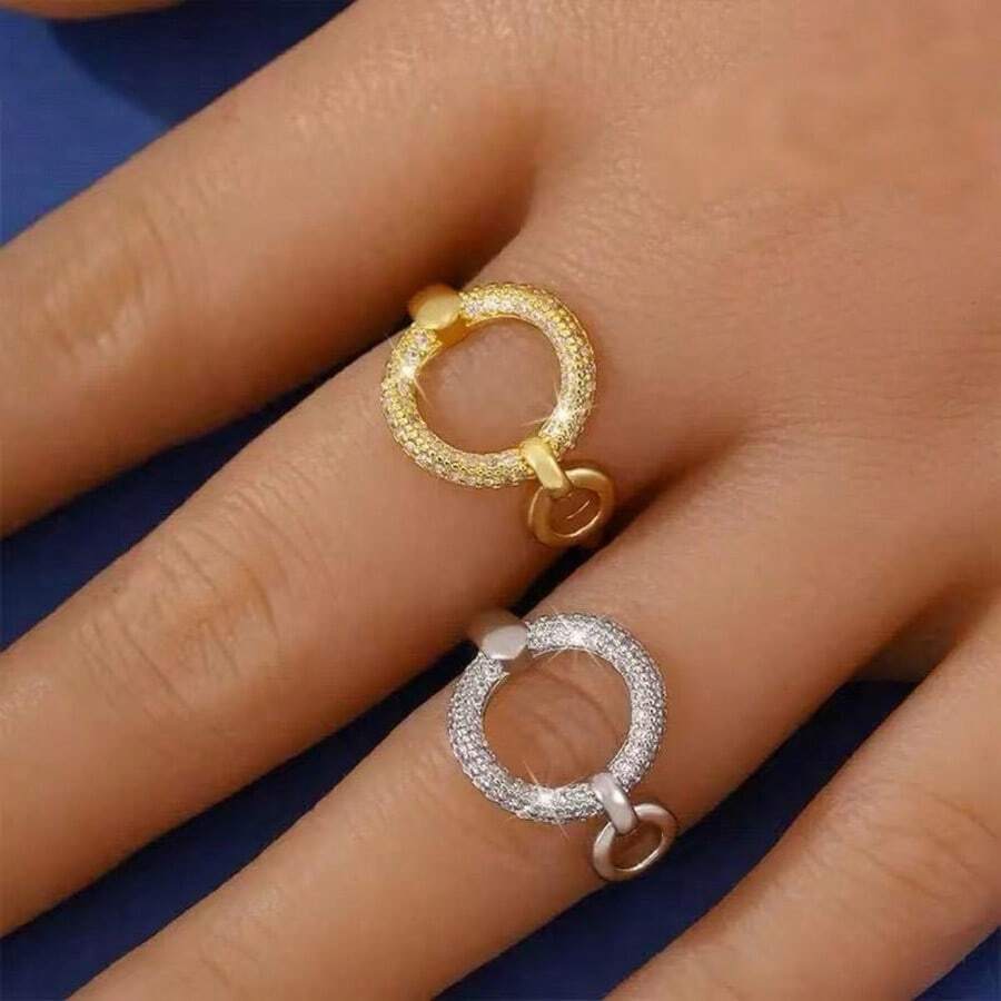 1 قطعة خاتم مفتوح هندسي مجوف من النحاس بطبقة فضية مرصع بزركونيا مكعبة