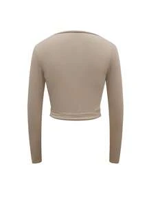 女士新款深V领长袖门襟性感休闲运动瑜伽普拉提健身领带修身裸色运动衫，秋冬 - 駝色 - 查看 3