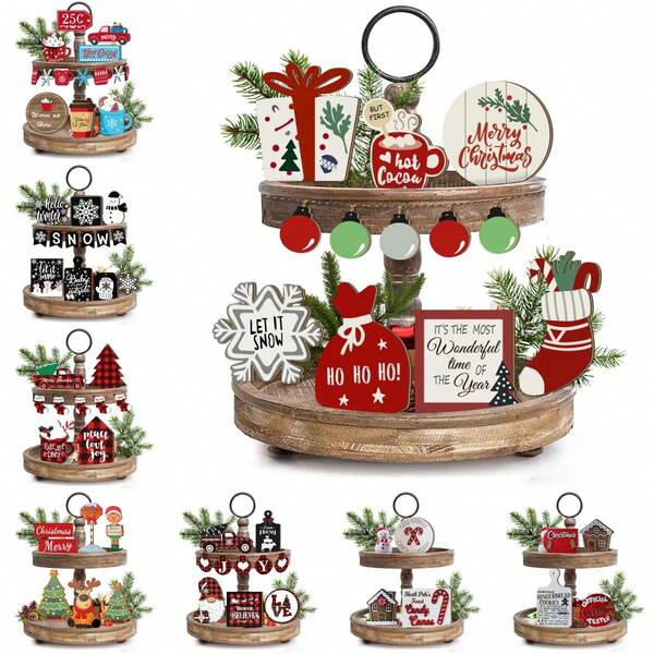 مجموعة ديكورات عيد الميلاد الريفية لطاولة خشبية متدرجة الأحجام للاحتفال بعيد الميلاد في المطبخ والمنزل، مصممة بشكل سانتا وغزال وزومبي وشجرة عيد الميلاد وجورب عيد الميلاد، لافتات خشبية صغيرة بطراز عيد الميلاد الريفي لديكور طاولة المطبخ (بدون صينية)