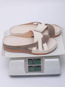 加大码 36-43 夏季时尚休闲拼色坡跟凉鞋，卡其色和白色绒面革罗马风格，轻便舒适，百搭厚底凉鞋，适合女士 - 變色仿超卡其色拼白色磨砂 - 查看 8