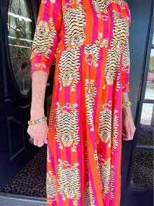 Tiger Print Maxi Dress, Women's Fall Holiday Dress, Button-Down Waist Shirt Dress, Three-Quarter Sleeves, Side Pockets, Lapel - 彩色 - 查看 3