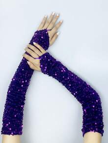 1 对闪亮亮片露指天鹅绒圣诞臂套，派对服装配饰，适合所有季节