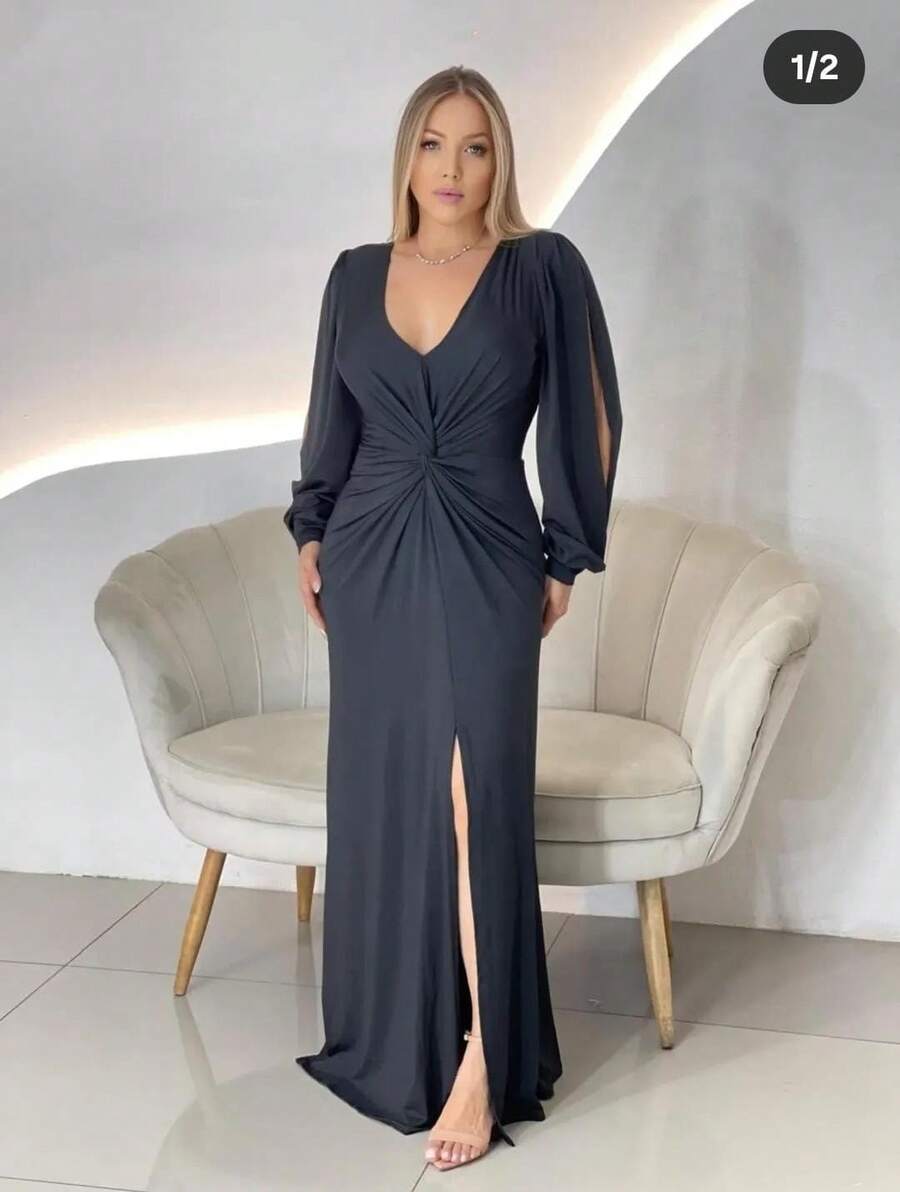 Long Sleeve Dress With Fluity Slit And V-Neckline - 黑色 - 查看 1
