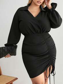 Vestido negro de manga larga talla grande para mujer, vestido casual con cordón en la cintura de unicolor, adecuado para ir al trabajo, citas, vacaciones