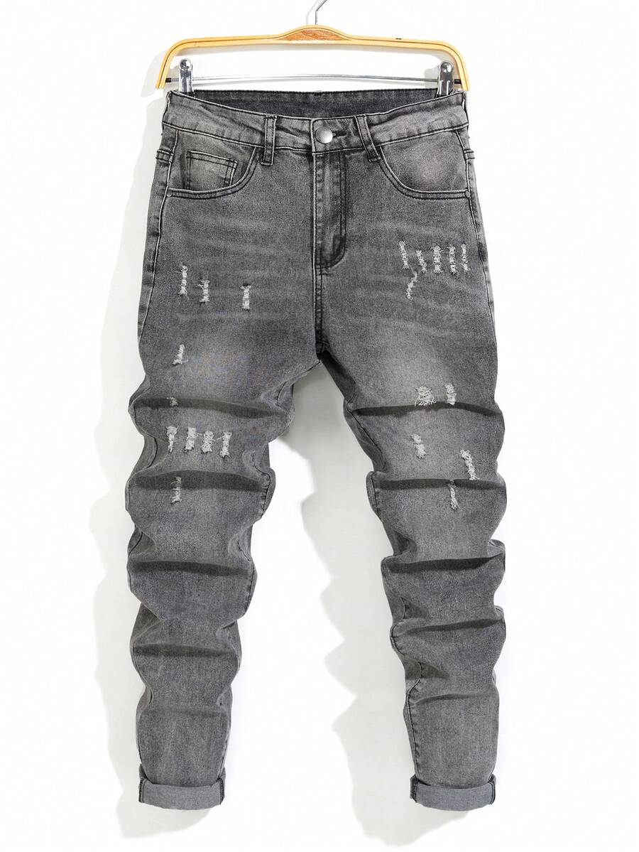 Men's Slim Fit Stretch Distressed Washed Casual Denim Jeans - Grey - View 1