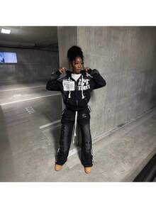 Versatile Fashion Street  Personality Hooded Zipper Sweater Comfortable Casual Jacket Sweater Letter Printing - 黑色 - 查看 4
