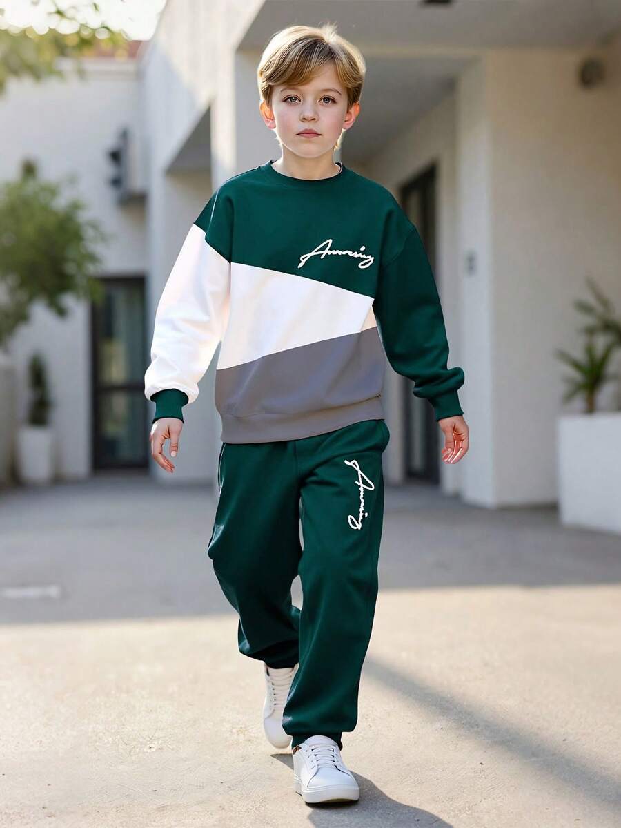 男童/大童青少年春秋運動衫與運動長褲兩件套,輕量配色字母印花長袖上衣與收口慢跑褲,簡約休閒時尚童裝 - 墨綠色 - 查看 1