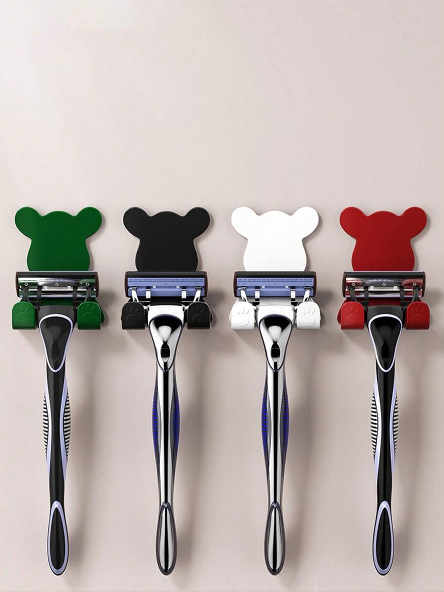 4 pièces/Porte-crochet mural en plastique en forme d'ours, sans perçage, portance élevée, crochet adhésif, support de rangement pour couteau de rasage. Double crochet, crochet adhésif sans perçage, crochet pour accrocher les vêtements dans la salle de bain derrière la porte.