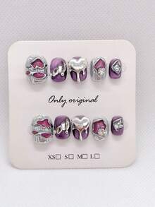 10PCS Purple Press On Nails Short Square Round French Nails, Handmade Press On Nails, Grunge Punk Wear Nails, Nail Supplies, Home DIY Nail Design Full Coverage Fake Nail Tips Artificial Fingernails For Women And Girls Manicure Supplies Office Daily Wear False Nails, Purely Hand-Wear Nails