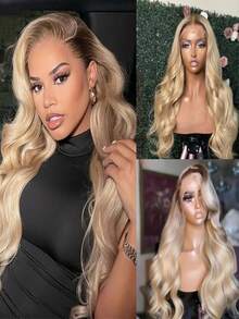 Ombre Brown Roots Ash Blonde 13x4 HD Transparent Body Wave Lace Front Wigs Human Hair Pre Plucked Bye Bye Knots 180 Density Brazilian Lace Frontal Wigs For Women Water Wave Wigs Human Hair With Baby Hair True To Length - 根染&漸變色 - 查看 8