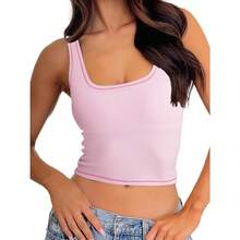 Camiseta de mujer de costilla con acolchado, top de entrenamiento de cuello cuadrado, top corto ajustado, camiseta básica de tirantes - Flor rosa - Ver 1