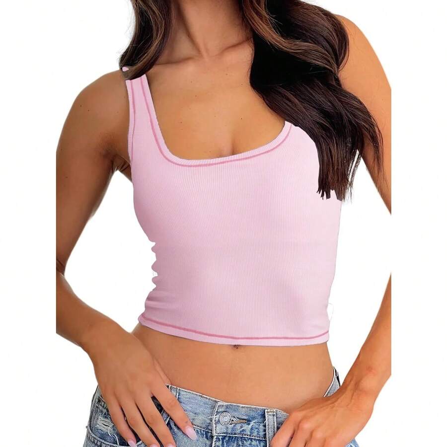 Camiseta de mujer de costilla con acolchado, top de entrenamiento de cuello cuadrado, top corto ajustado, camiseta básica de tirantes - Flor rosa - Ver 1