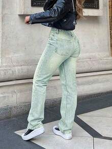 Jeans informales de pierna entallada con bolsillos y rotos en la rodilla de unicolor para mujer - Azul Marino - Ver 5