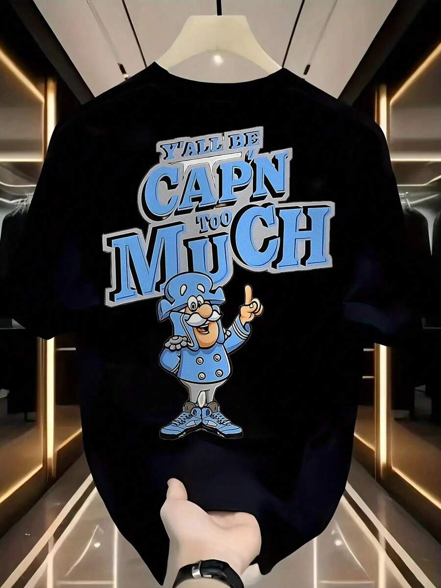 Mens Cartoon Chef Graphic T Shirt With I Will Be The Captain Funny Text 100 Percent Cotton Breathable Short Sleeve Tee For Daily Wear Running And Sports Standard Fit Machine Washable - 黑色 - 查看 1