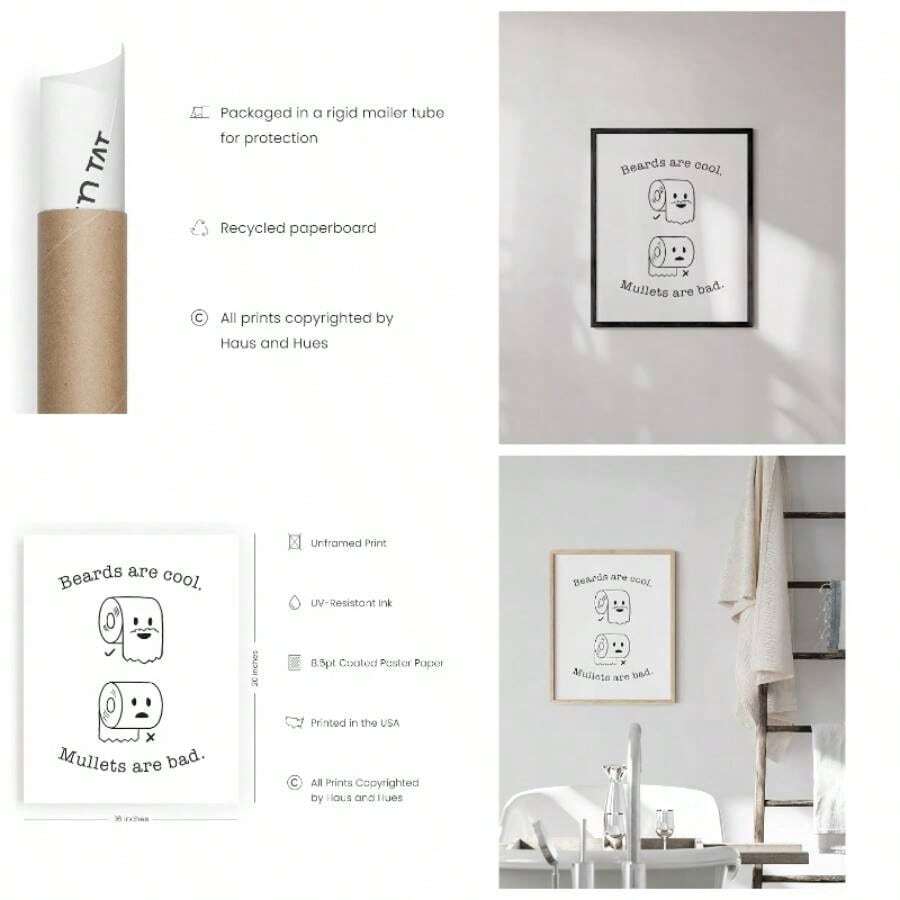 Funny Bathroom Decor Toilet Art Signs - 12x16 Unframed Wall Art, Funny Rules Humorous Bathroom Signs, White Black Design, Easy To Hang - 鬍鬚/鯔魚髮型 + 51長 x 41寬 厘米 - 查看 1