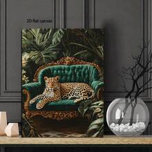 1Pc 2D Flat Canvas Wall Art,Prints,Canvas Posters,Painting,Wall Art,Wall Decor,Art Poster,Home Decor,Living Room Office Hallway Wall Decor,Leopard Lounging On Emerald Green Velvet Sofa Print,2D Flat Printed,2D Surface,No 3D Effect,Not Oil Painting,Tropical Jungle Artwork Framed Ready To Hang,Green Gold Brown - 綠色 - 查看 4