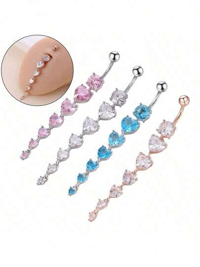 1pc Long Heart AAA Cubic Zirconia Belly Button Ring With Tassel Dangle, Navel Piercing Jewelry