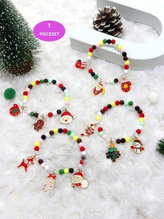 1pc Girls' Christmas Santa Claus & Christmas Tree Beaded Bracelet, Colorful Beads, Suitable For Christmas Party Wear
