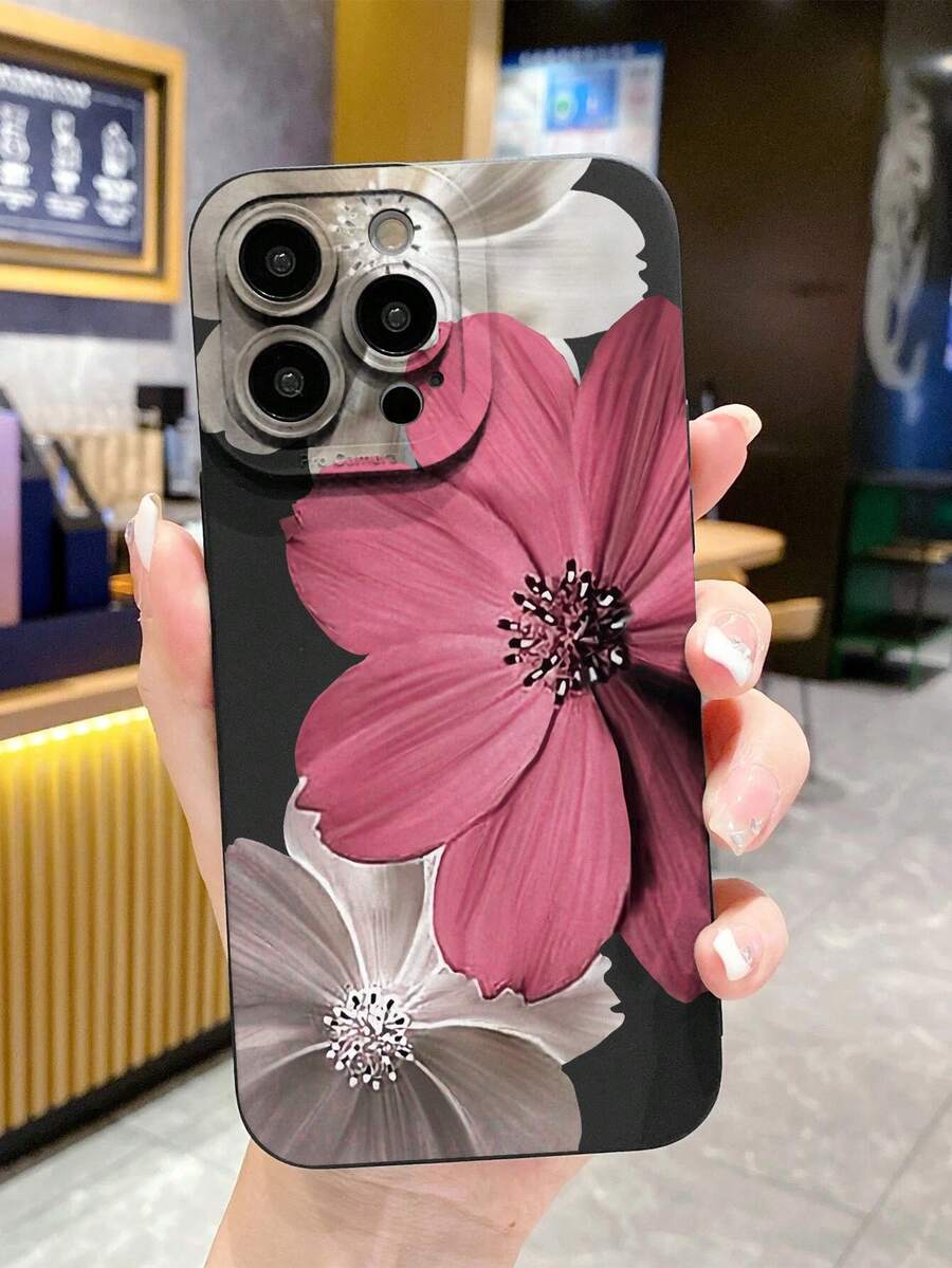 Flower 1pc Fashionable Floral Print Perforated Straight Edge Black Painted Anti-Drop Phone Case Compatible With IPhone 16/11/16pro/16plus/16promax/16e/15Promax/13/14/12/XS/XR/7G/8P, Compatible With Samsung Galaxy 11/12Pro/12/12X/13Pro/14Pro/15Pro/X3pro/, Compatible With Redmi 10/9/Note9/12c/Note11pro/Note8Pro/9C/9a, Anti-Drop Phone Protective Case