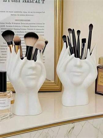 1pc Human Face Shaped Decorative Organizer, Pen Holder/Makeup Brush Holder, Plastic PP Face Sculpture Vase, Luxury Art Vase For Dried Flowers, Indoor/Outdoor Decoration